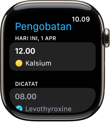 App Pengobatan menampilkan obat yang dijadwalkan dan dicatat.