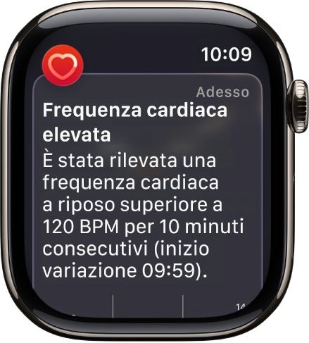 Una schermata di avviso dell’opzione di monitoraggio del battito cardiaco che indica che è stata rilevata una frequenza cardiaca elevata.