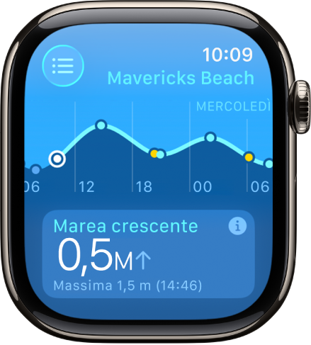 Una schermata dell’app Marea con informazioni sulle maree per un luogo.