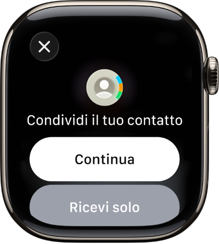 La schermata di NameDrop che mostra due pulsanti: Continua, che ti consente di ricevere le informazioni di un contatto e di condividere le tue e “Ricevi solo”, per ricevere soltanto le informazioni di contatto dell’altra persona.