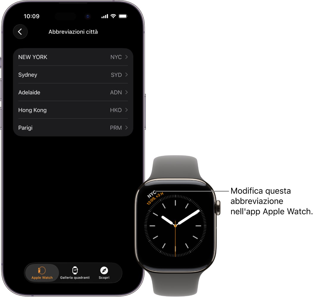iPhone e Apple Watch, uno accanto all’altro. Lo schermo di Apple Watch mostra l’ora locale di New York con l’abbreviazione NYC. La schermata di iPhone mostra l’elenco delle città nelle impostazioni Orologio nell’app Watch.