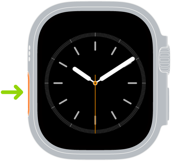 Illustrazione di Apple Watch con una freccia che indica il tasto Azione sul lato sinistro.
