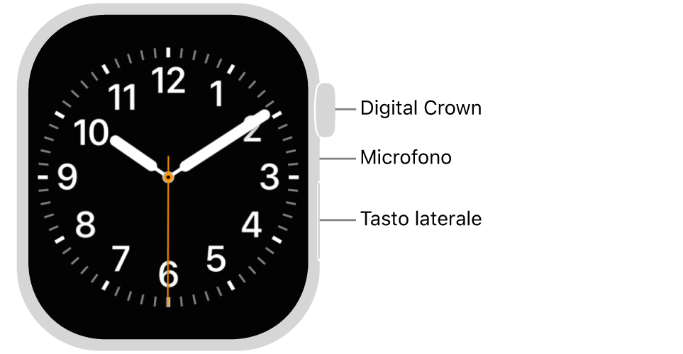 Apple Watch Series 11 visto da davanti, con, dall’alto verso il basso, lo schermo che mostra il quadrante, la Digital Crown, il microfono e il pulsante laterale.