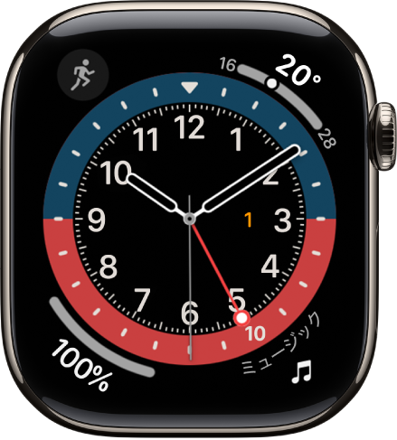 「GMT」の文字盤。文字盤のカラーを調整できます。4つのコンプリケーションが表示されています: 左上にワークアウト、右上に翻訳、左下にメッセージ、右下にミュージックがあります。