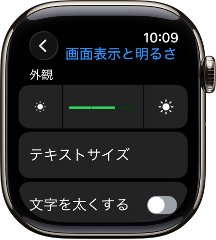 Apple Watchの「画面表示と明るさ」設定。上部に「明るさ」スライダ、下部に「テキストサイズ」ボタンがあります。