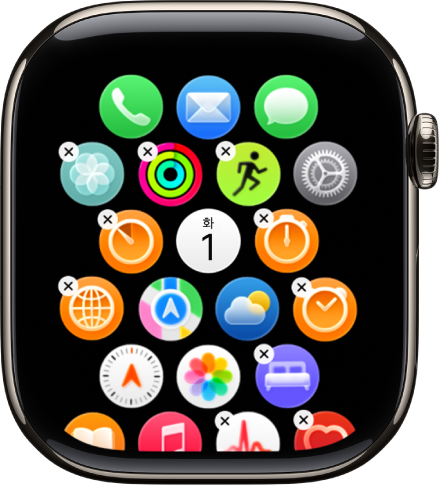 Apple Watch 앱의 정렬 화면에 아이콘이 격자로 표시되어 있음.