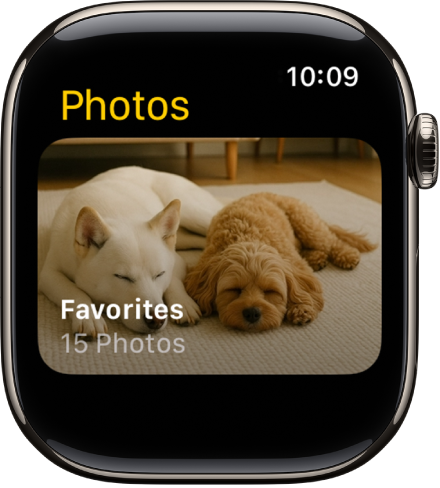 „Apple Watch“ programos „Photos“ ekranas, kuriame rodomas albumas „Favorites“.