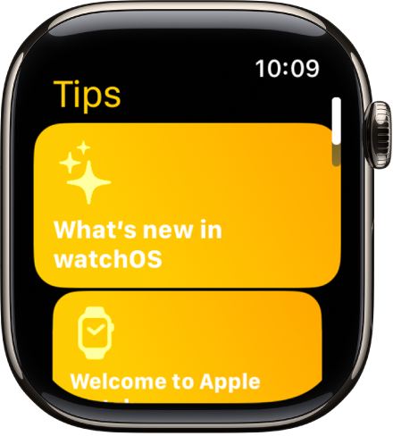 Programoje „Tips“ rodomi „Tips“ rinkiniai, pvz., „Welcome to „Apple Watch“.