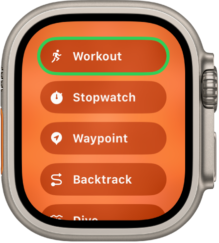 Quick Switch ekrānā redzamas darbības, ko iespējams piesaistīt pogai Action, piemēram, Workout, Stopwatch, Waypoint un Backtrack.