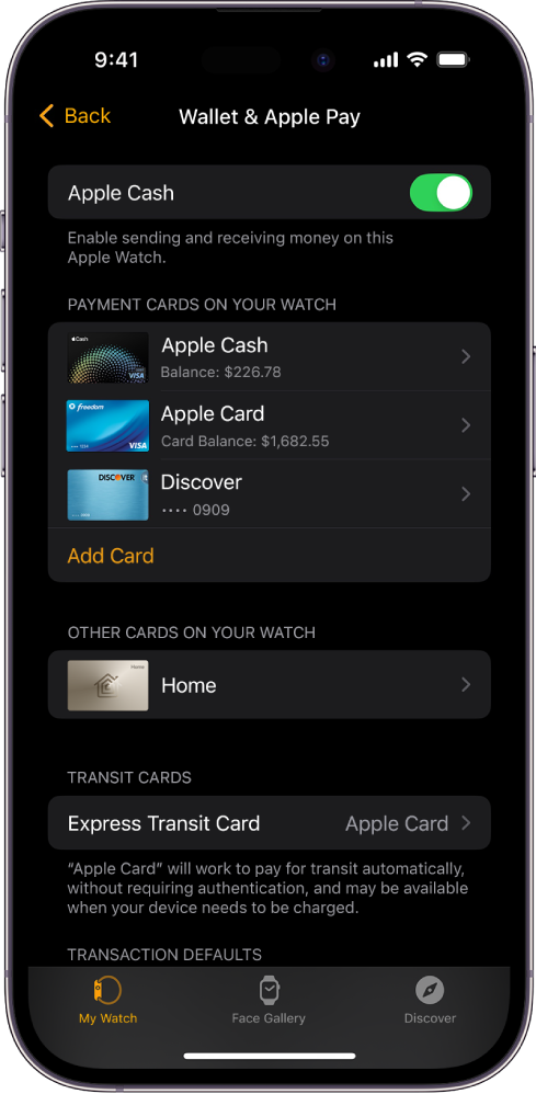 iPhone ekrānā lietotnē Apple Watch redzami Wallet & Apple Pay iestatījumi.