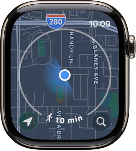 App Peta dengan bulatan di sekeliling lokasi semasa, mewakili radius berjalan kaki tujuh minit. Butang Lokasi berada di bahagian kiri bawah dan butang Cari berada di bahagian kanan bawah.