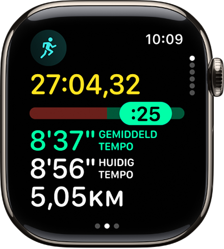 De Work-out-app op de Apple Watch, met de weergave Doeltempo voor een work-out 'Buiten hardlopen'. Bovenin staat de duur van de work-out. Daaronder bevindt zich een schuifknop die aangeeft hoeveel je voorloopt of achterloopt op je doeltempo. Weer daaronder staan het gemiddelde tempo, het huidige tempo en de afstand.