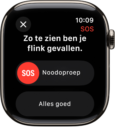 Het scherm van valdetectie, met de schuifknop waarmee een noodoproep wordt gestart en de knop 'Alles goed'.