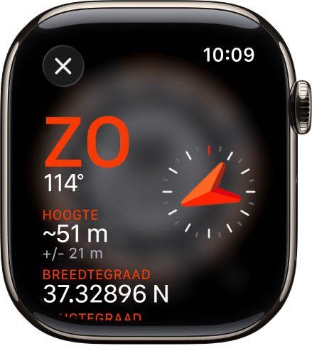 De Kompas-app met het infoscherm. De richting wordt links in het midden weergegeven met de kompasrichting (zuidoosten) en de graden (114 graden). Daaronder bevinden zich de huidige hellingshoek en hoogte. Aan de rechterkant zie je een kompasaanduiding. Linksbovenin staat de sluitknop.