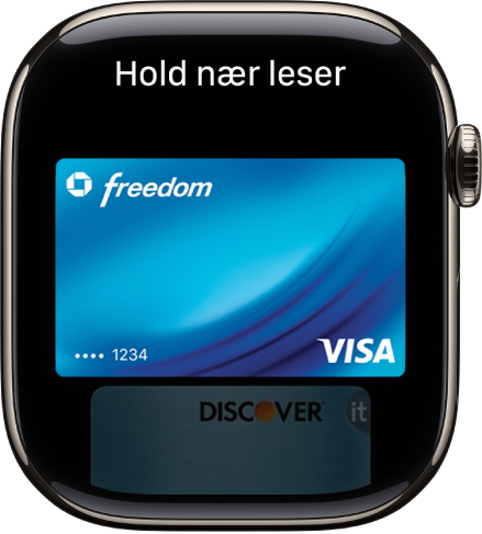 En skjerm som viser et kredittkort i Apple Pay, som er klart for å framvises til en kontaktløs leser.