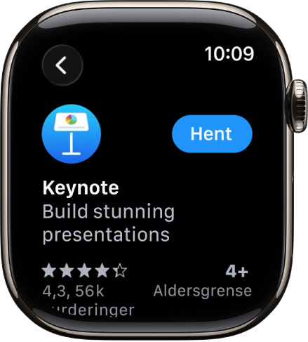 En App Store-skjerm som viser produktsiden for en app, med en kort beskrivelse av appen, vurderinger og Hent-knappen til høyre.