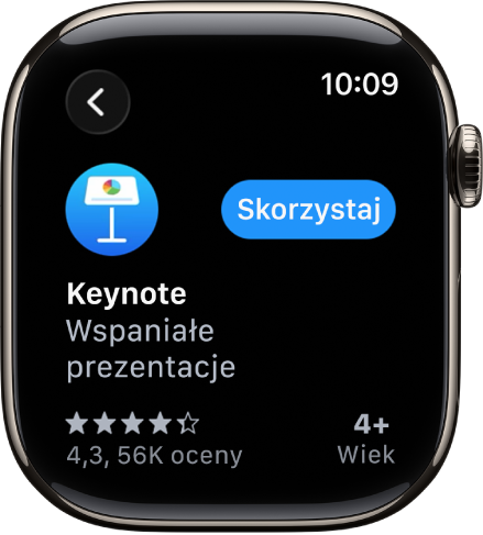 Ekran App Store wyświetlający stronę aplikacji z krótkim opisem, ocenami oraz przyciskiem Pobierz widocznym po prawej.