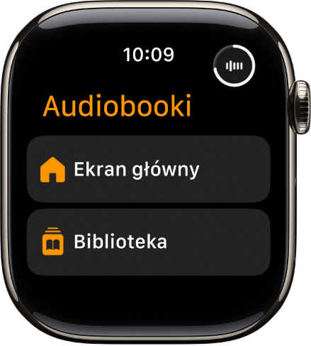Aplikacja Audiobooki wyświetlająca przyciski Ekran główny oraz Biblioteka.