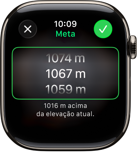 App Bússola mostrando a tela de Objetivo de Elevação. Uma lista rolável de elevações aparece no centro da tela. Abaixo da lista está uma indicação do quanto a elevação selecionada está acima ou abaixo da sua elevação atual. Na parte superior, os botões Fechar e Marcar.