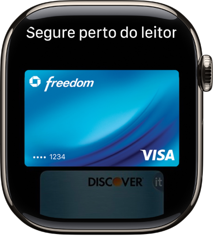 Um ecrã a mostrar um cartão de crédito no Apple Pay pronto para ser apresentado num leitor contactless.