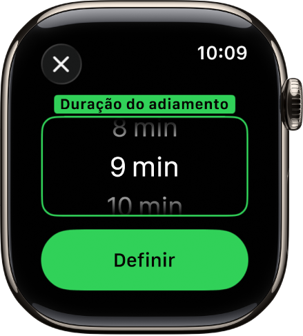 Um ecrã de relógio a mostrar opções para definir a duração do adiamento na aplicação Alarmes.