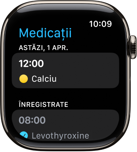 Aplicația Medicații afișând medicațiile programate și înregistrate.