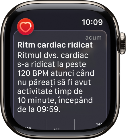 Un ecran Alertă de ritm cardiac, indicând faptul că a fost detectat un ritm cardiac ridicat.