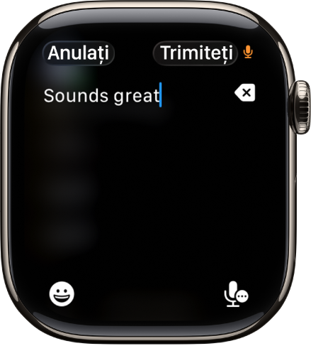 Ecranul câmp de text afișând un mesaj creat cu ajutorul dictării. Butoanele Emoji și Dictare se află în partea de jos a ecranului.