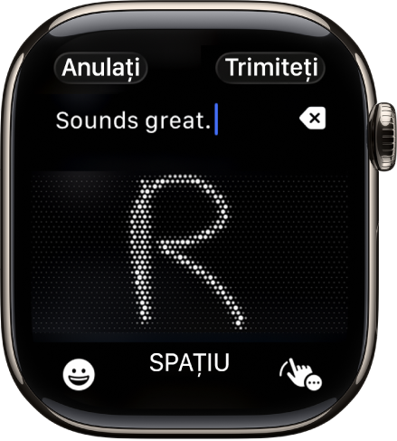 Ecranul câmp de text afișând o literă scrisă cu Scris de mână. Butoanele Emoji și Scris de mână se află în partea de jos a ecranului.
