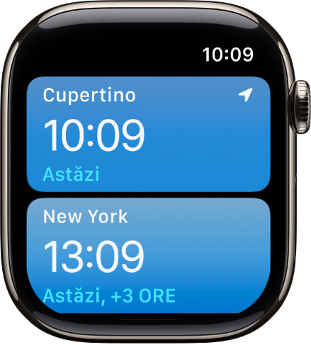 Aplicația Ceas global cu o listă a orașelor.