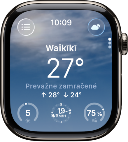 Apka Počasie so zobrazeným prehľadom informácií o počasí v daný deň. V prehľade je nad aktuálnou teplotou zobrazený názov miesta. V spodnej časti sú tri tlačidlá – UV index, Rýchlosť vetra a Zrážky. Vľavo hore je tlačidlo Zoznam miest a vpravo hore tlačidlo Počasie.