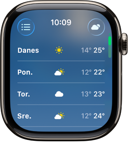 Zaslon z 10-dnevno napovedjo, ki prikazuje 4 dni ocenjenih nizkih in visokih temperatur.