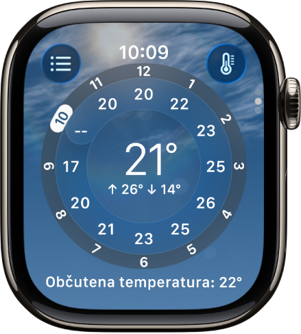 Aplikacija Vreme prikazuje urno temperaturno napoved.