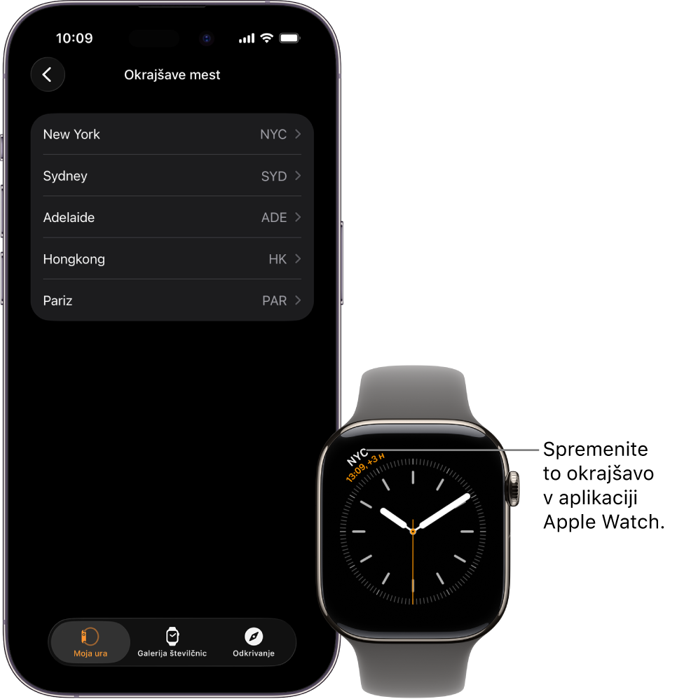 iPhone in ura Apple Watch drug ob drugem. Zaslon ure Apple Watch prikazuje čas v New Yorku z okrajšavo NYC. Zaslon iPhone prikazuje seznam mest v nastavitvah Ura v aplikaciji Apple Watch.