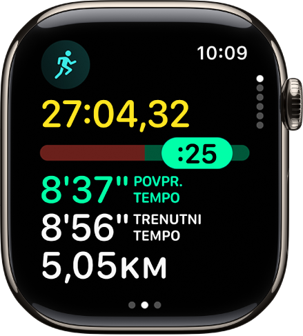 Aplikacija Vadba v uri Apple Watch prikazuje pogled Določen tempo pri vadbi teka na prostem. Na vrhu je trajanje teka. Spodaj je drsnik, ki prikazuje, koliko zaostajate v svojem tempu. Povprečni tempo, Trenutni tempo in Razdalja so spodaj.