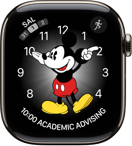 Çok sayıda komplikasyon ekleyebileceğiniz Mickey Fare saat kadranı. Üç komplikasyon gösteriyor: Sol üstte Mesajlar, sağ üstte Antrenman ve en altta tarih.