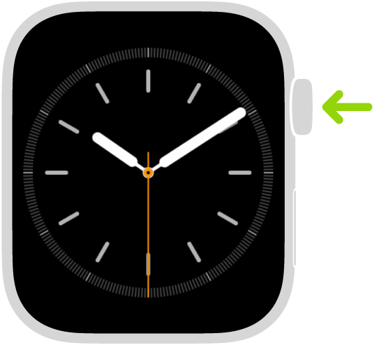 Sağ üstte Digital Crown’u işaret eden bir ok ile Apple Watch çizimi.