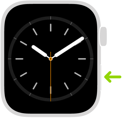 Sağ altta yan düğmeyi işaret eden bir ok ile Apple Watch çizimi.