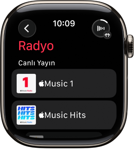 Üç Apple Music istasyonunu gösteren Radyo ekranı. Şu An Çalınan düğmesi sağ üstte. Geri düğmesi sol üsttedir.