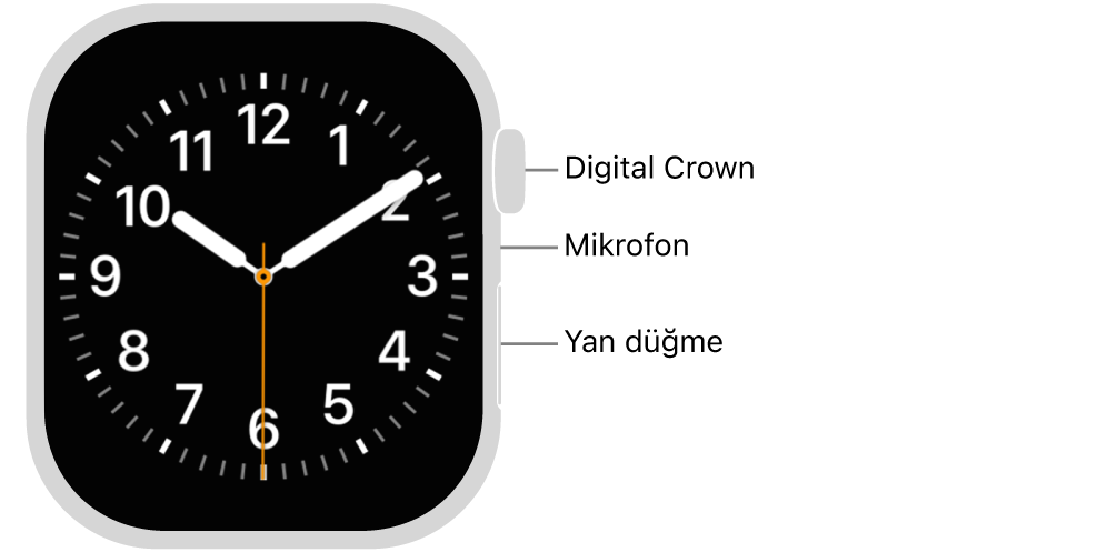 Saatin yan tarafında yukarıdan aşağıya saat kadranını gösteren ekran, Digital Crown, mikrofon ve yan düğme ile Apple Watch Series 11’in önü.