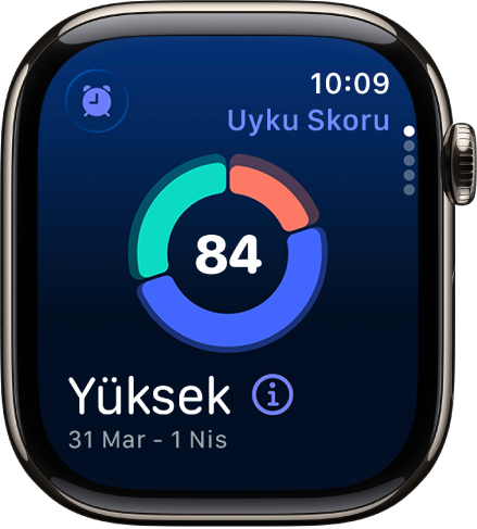 Ekranın ortasında bir skoru gösteren uyku skoru ekranı. Ekranın sol alt köşesinde bir puan ve uykuda geçen süre görüntüleniyor.