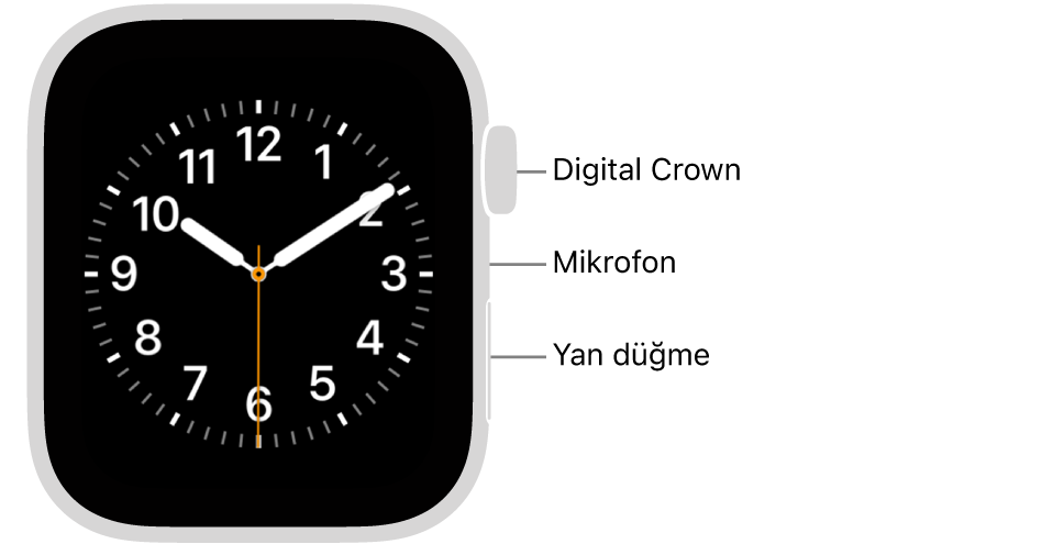 Saatin yan tarafında yukarıdan aşağıya saat kadranını gösteren ekran, Digital Crown, mikrofon ve yan düğme ile Apple Watch SE 3’ün önü.
