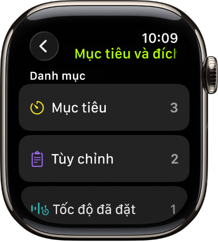 Ứng dụng Bài tập đang hiển thị mục tiêu đã chọn, Bài tập tùy chỉnh và bài tập Định tốc độ.