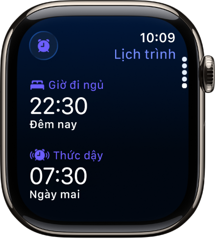Màn hình Ngủ trên Apple Watch đang hiển thị lịch trình ngủ của buổi tối. Giờ đi ngủ xuất hiện ở trên cùng và giờ Thức dậy ở bên dưới.