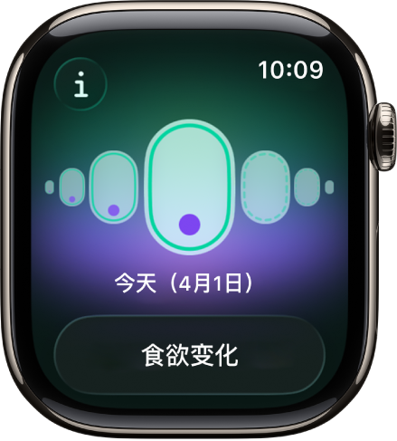 “经期跟踪” App 中的屏幕显示记录的怀孕,屏幕底部是记录的症状。
