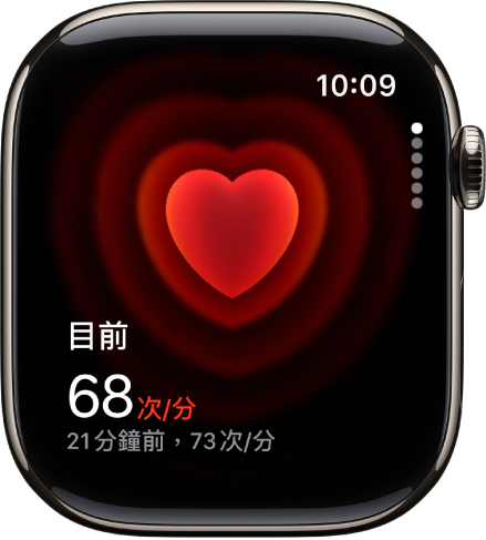 「心率」畫面,左下方顯示現時的心率,以及在其下方以較小字體顯示上次讀取結果。
