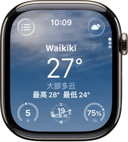 “天气” App 显示当天天气的概览。位置名称显示在当前温度上方。底部是三个按钮:“紫外线指数”、“风速”和“降水”。“位置列表”按钮位于左上方,“天气状况”按钮位于右上方。
