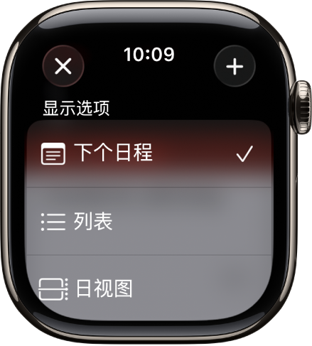 “日历”屏幕显示了“显示选项”:“下个日程”、“列表”和“日视图”。右上方为“添加”按钮。