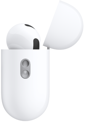 A lateral do estojo de carga dos AirPods Pro 3, mostrando uma abertura para prender uma alça.