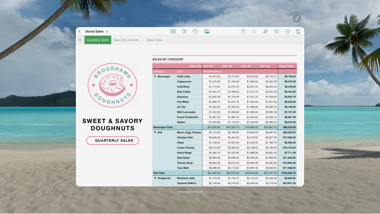 The Numbers app on Apple Vision Pro, showing an open spreadsheet and formatting controls at the top.